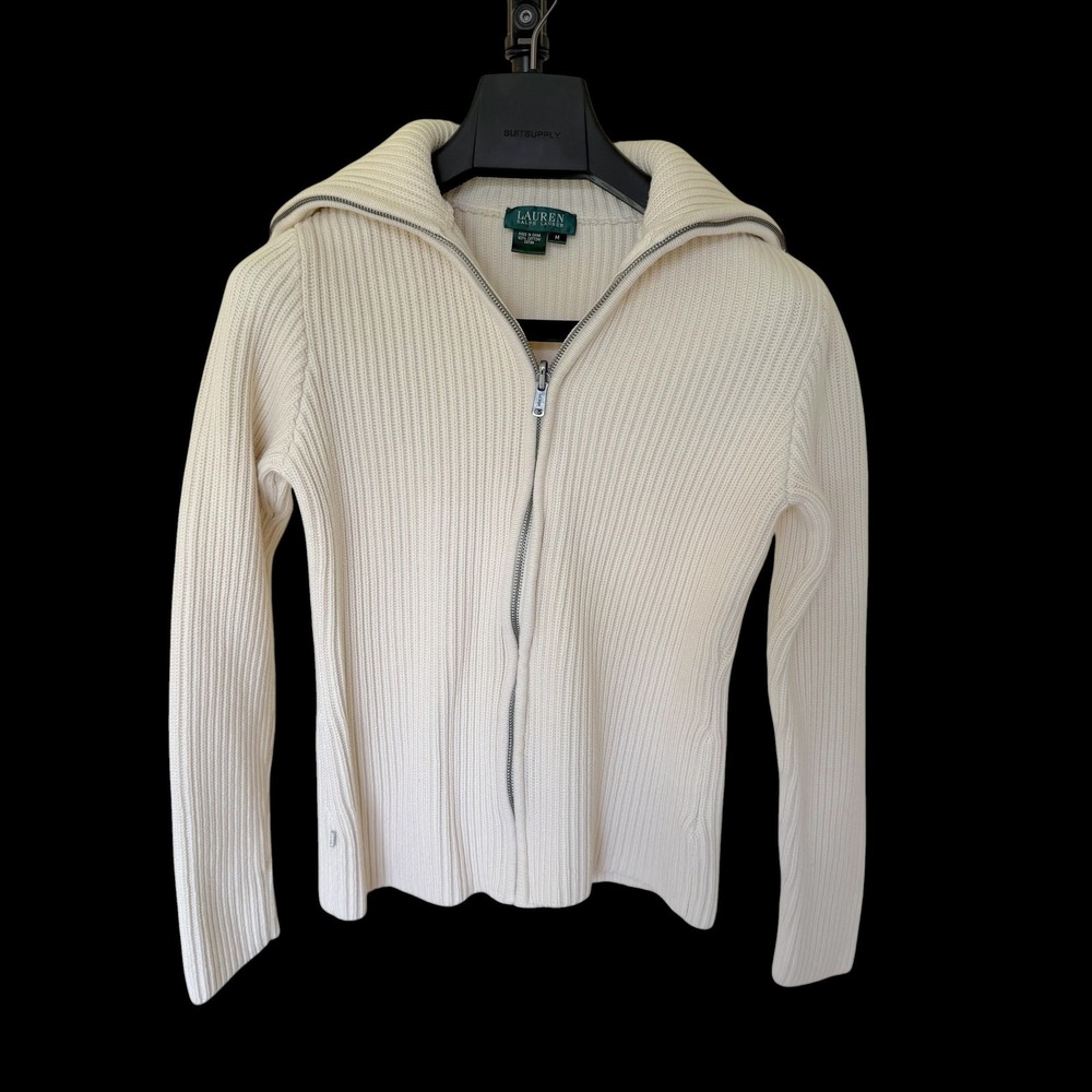 90's Lauren Ralph Lauren Cream Ribbed Full Zip Cotton Cardigan Sweater Medium
